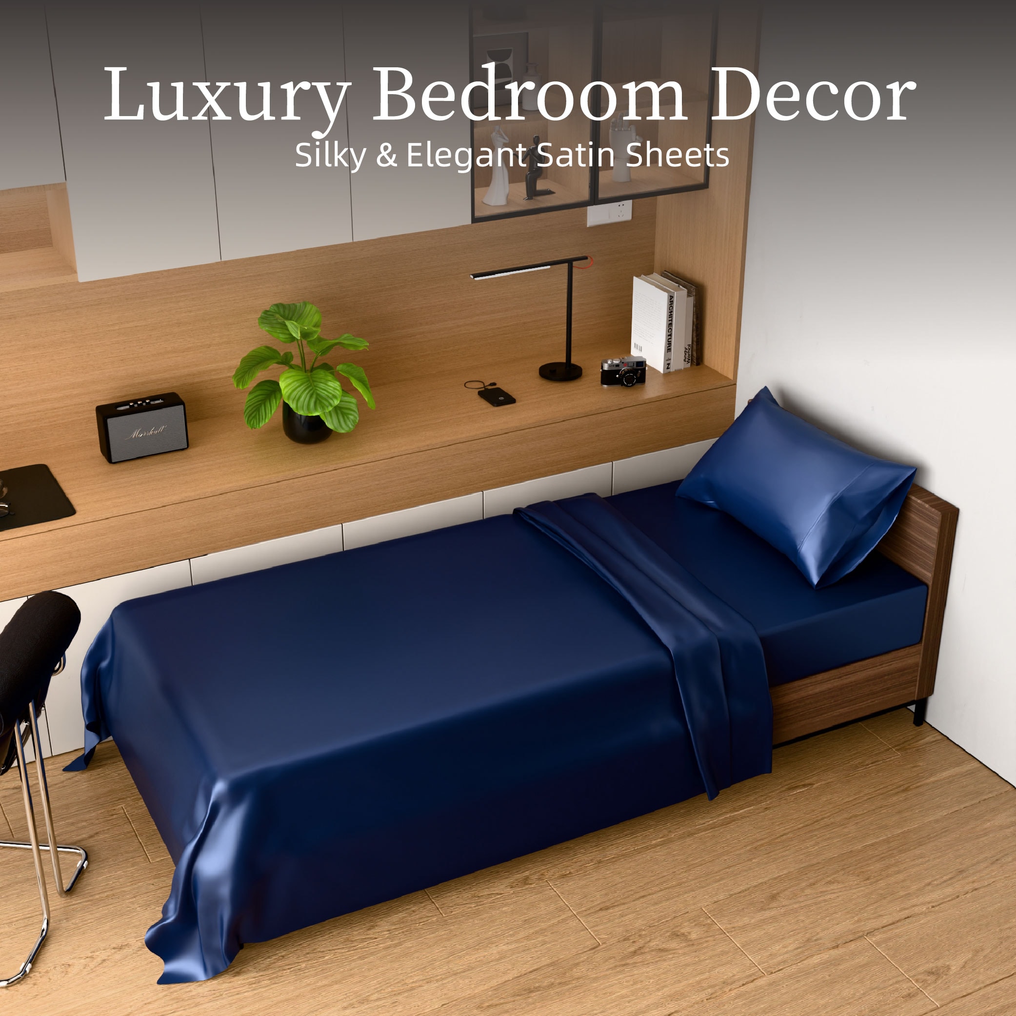 Satin Bed Sheets, Twin Size Sheets Set, 3 Pcs Silky Bedding Set With 15 Inches Deep Pocket For Mattress (Twin, Navy Blue)_voghion.com